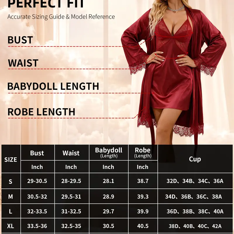 CHALOVELO Set aus Neckholder-Babydoll und ausgestelltem Morgenmantel - Größentabelle aus der Quelle