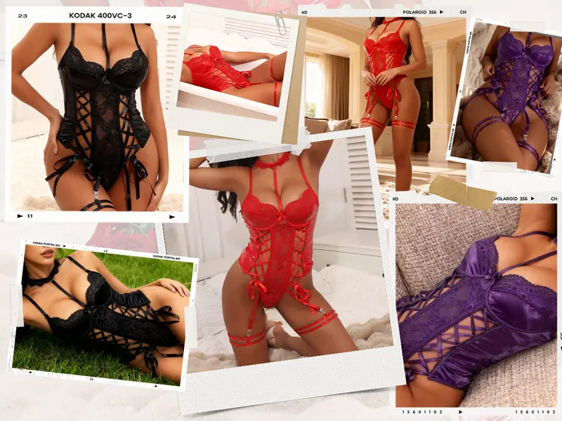CHALOVELO Body en dentelle et PU à décolleté en V plongeant - détail du produit 6