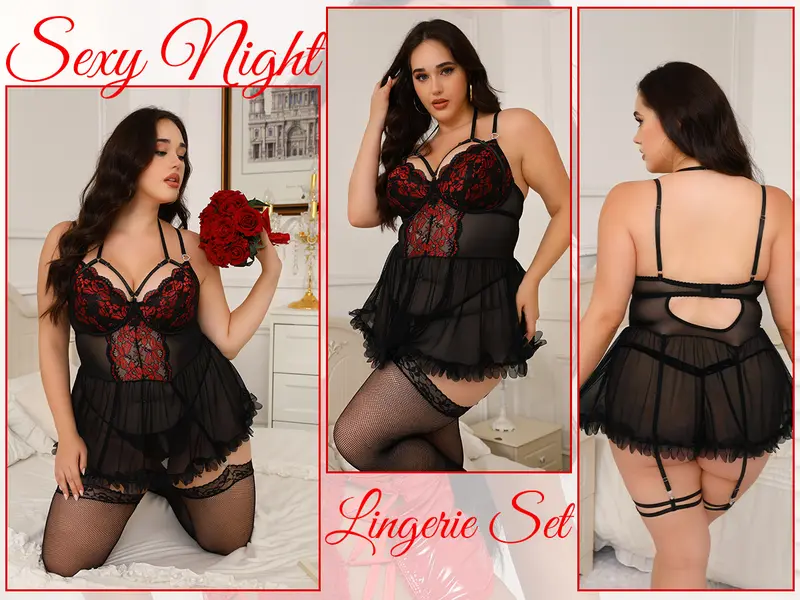 CHALOVELO Spitzen-Babydoll-Set mit Rüschen in großen Größen - Produktdetail 5