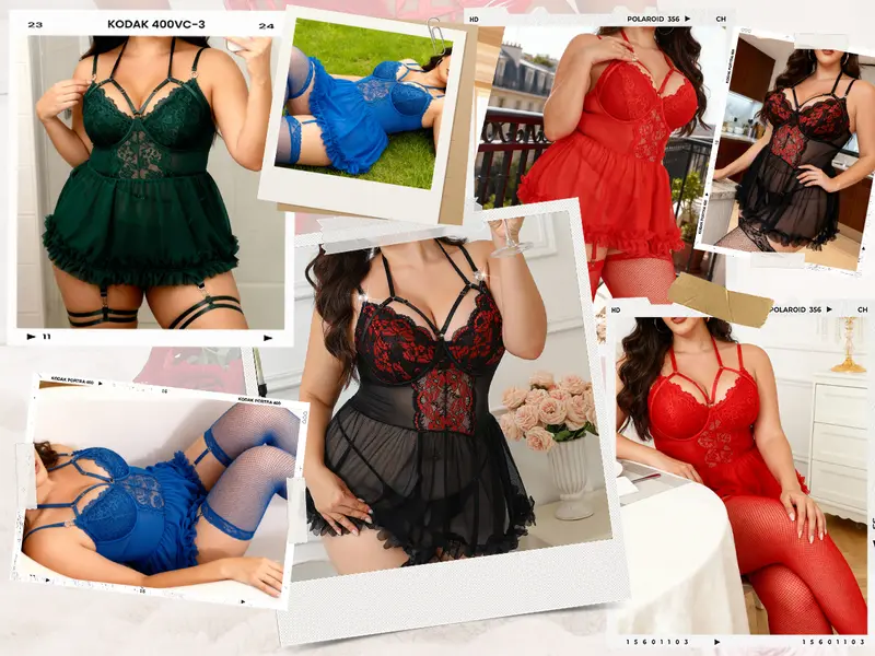 CHALOVELO Spitzen-Babydoll-Set mit Rüschen in großen Größen - Produktdetail 6