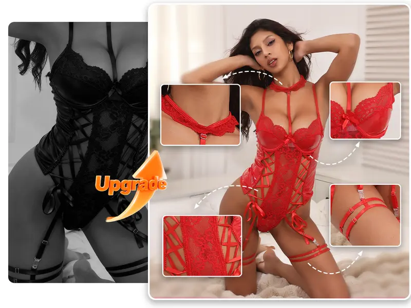 CHALOVELO Body en dentelle et PU à décolleté en V plongeant - détail du produit 8
