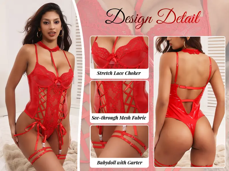 CHALOVELO Body en dentelle et PU à décolleté en V plongeant - détail du produit 3