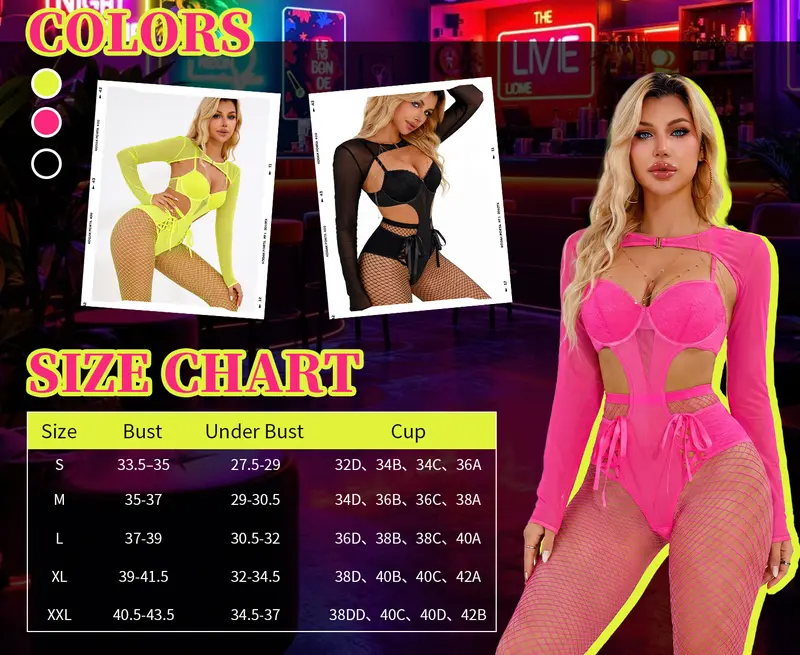 CHALOVELO Long Sleeve Mesh Bodysuit - source size chart