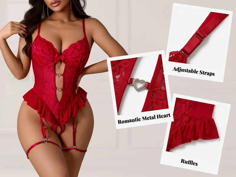 CHALOVELO Spitzen-Body mit tiefem V-Ausschnitt und Strümpfen - Designdetail aus der Quelle