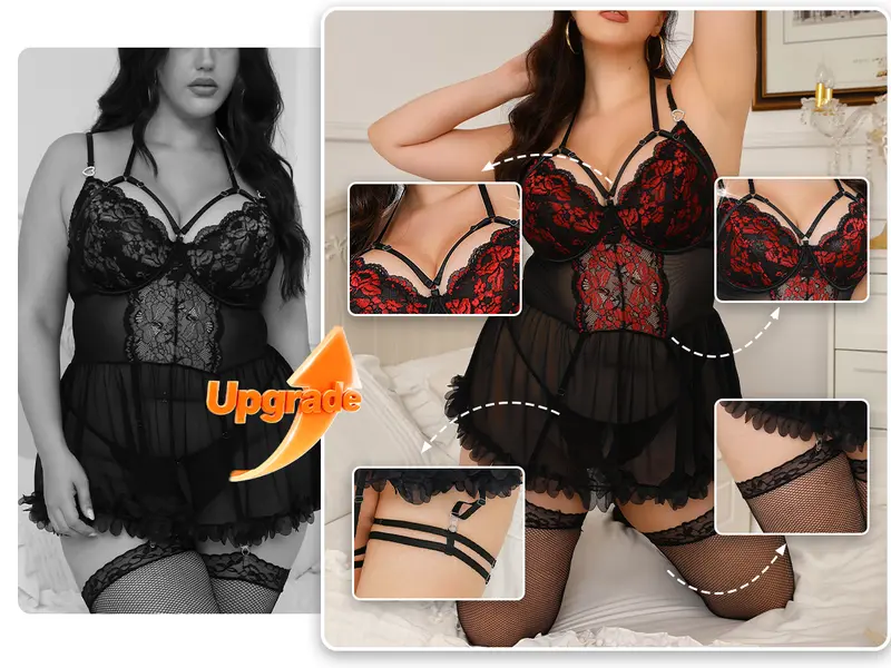 CHALOVELO Spitzen-Babydoll-Set mit Rüschen in großen Größen - Produktdetail 8